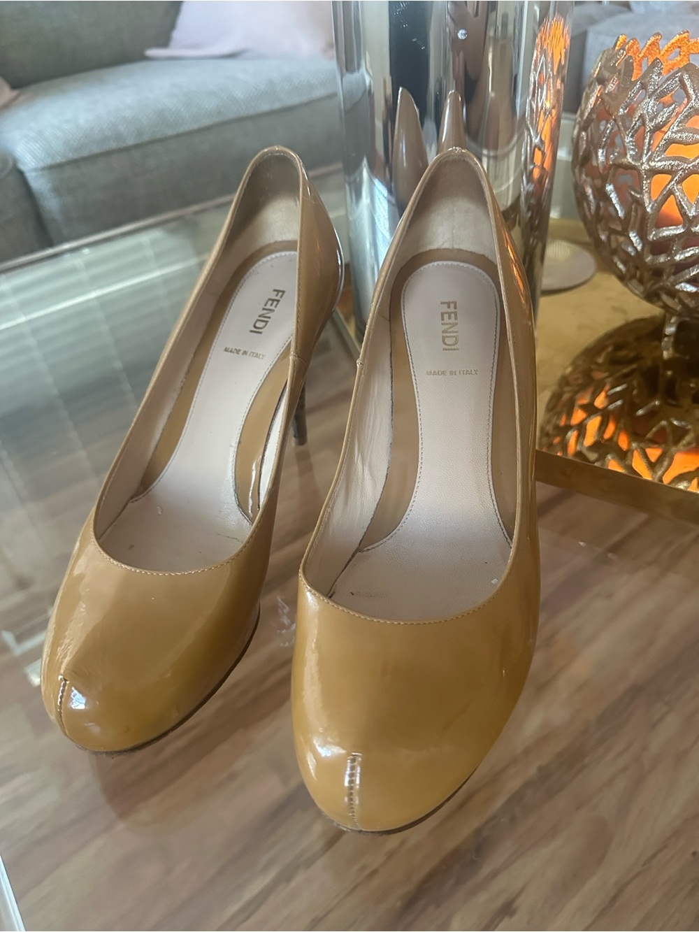 Fendi Patent Leather Pumps in Mustard Tan